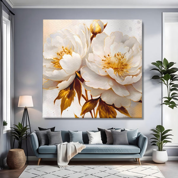 Leinwand Wandbilder Premium LuxCanva® A1413, Weiße Blumen, Zimmer, Frühling, Gold, Pfingstrose, Dekorativ, Wohnen, Lebendige Farben