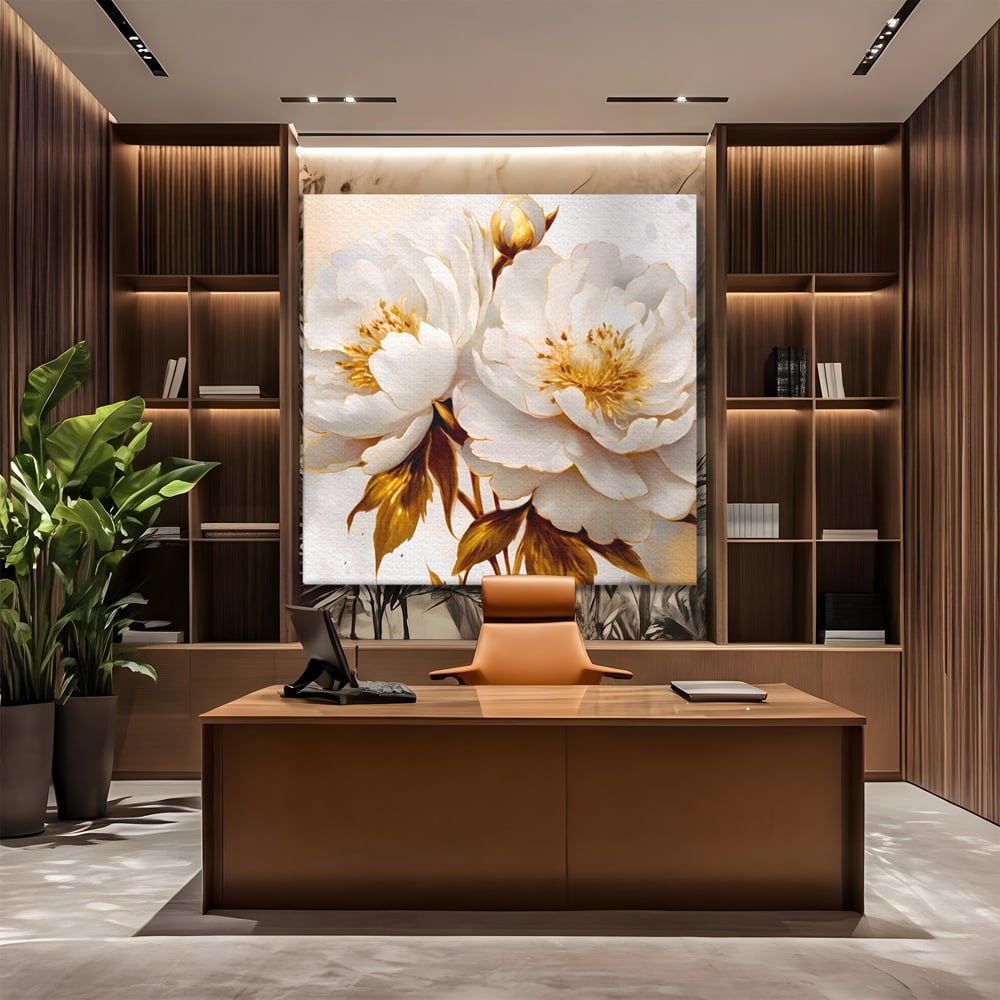 Leinwand Wandbilder Premium LuxCanva® A1413, Weiße Blumen, Zimmer, Frühling, Gold, Pfingstrose, Dekorativ, Wohnen, Lebendige Farben