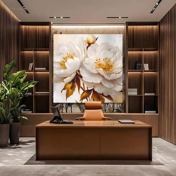Leinwand Wandbilder Premium LuxCanva® A1413, Weiße Blumen, Zimmer, Frühling, Gold, Pfingstrose, Dekorativ, Wohnen, Lebendige Farben