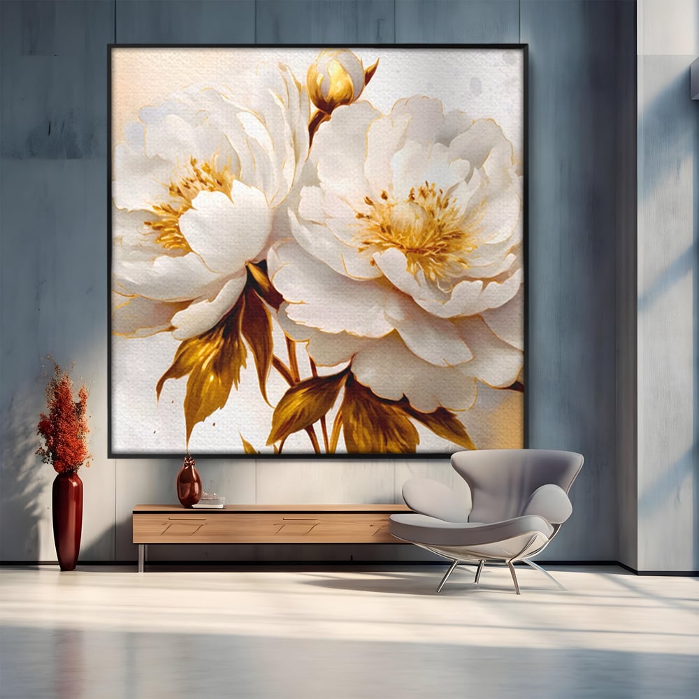 Leinwand Wandbilder Premium LuxCanva® A1413, Weiße Blumen, Zimmer, Frühling, Gold, Pfingstrose, Dekorativ, Wohnen, Lebendige Farben