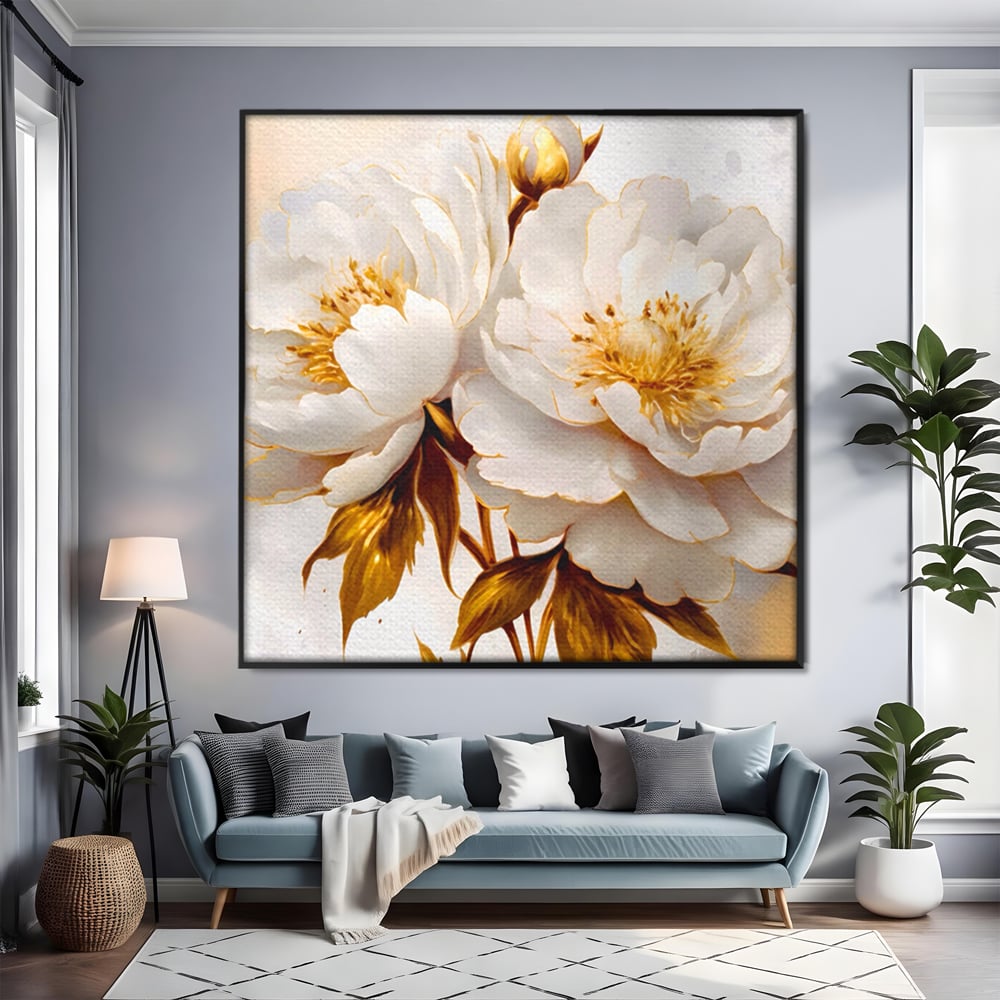 Leinwand Wandbilder Premium LuxCanva® A1413, Weiße Blumen, Zimmer, Frühling, Gold, Pfingstrose, Dekorativ, Wohnen, Lebendige Farben