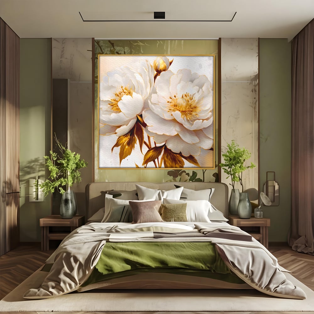 Leinwand Wandbilder Premium LuxCanva® A1413, Weiße Blumen, Zimmer, Frühling, Gold, Pfingstrose, Dekorativ, Wohnen, Lebendige Farben
