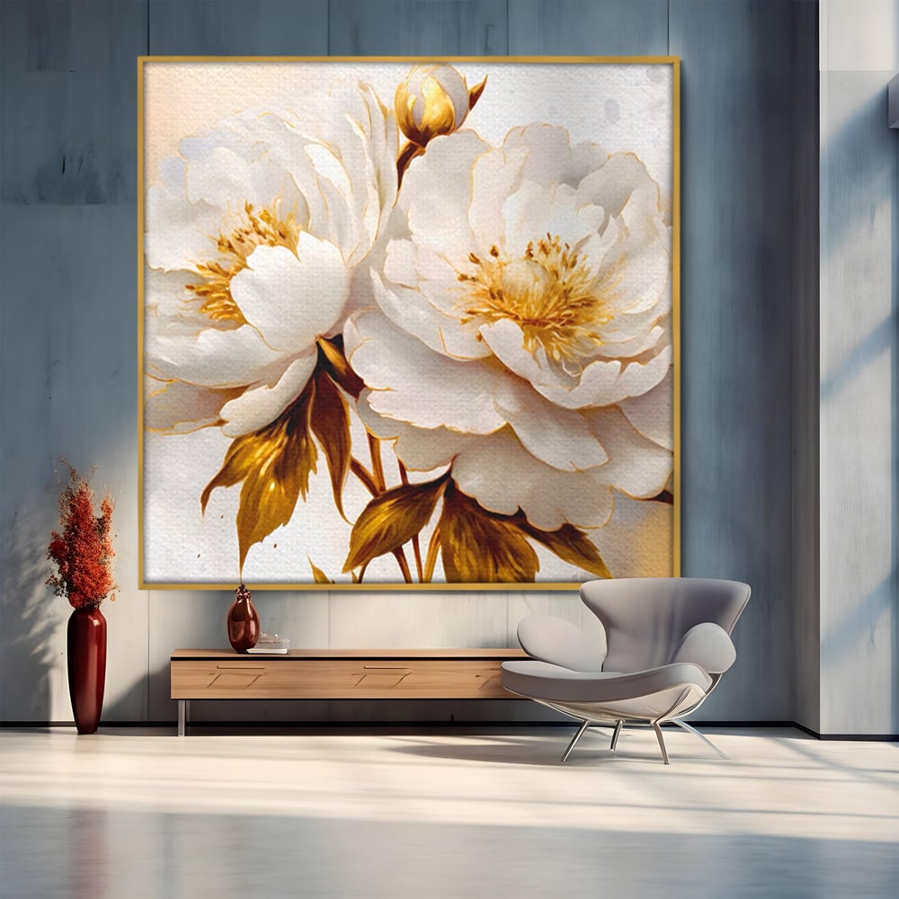 Leinwand Wandbilder Premium LuxCanva® A1413, Weiße Blumen, Zimmer, Frühling, Gold, Pfingstrose, Dekorativ, Wohnen, Lebendige Farben