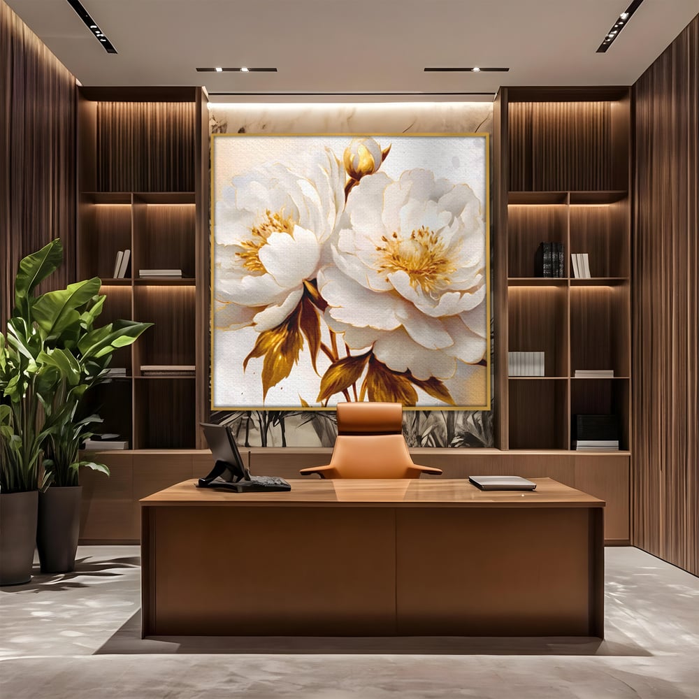 Leinwand Wandbilder Premium LuxCanva® A1413, Weiße Blumen, Zimmer, Frühling, Gold, Pfingstrose, Dekorativ, Wohnen, Lebendige Farben