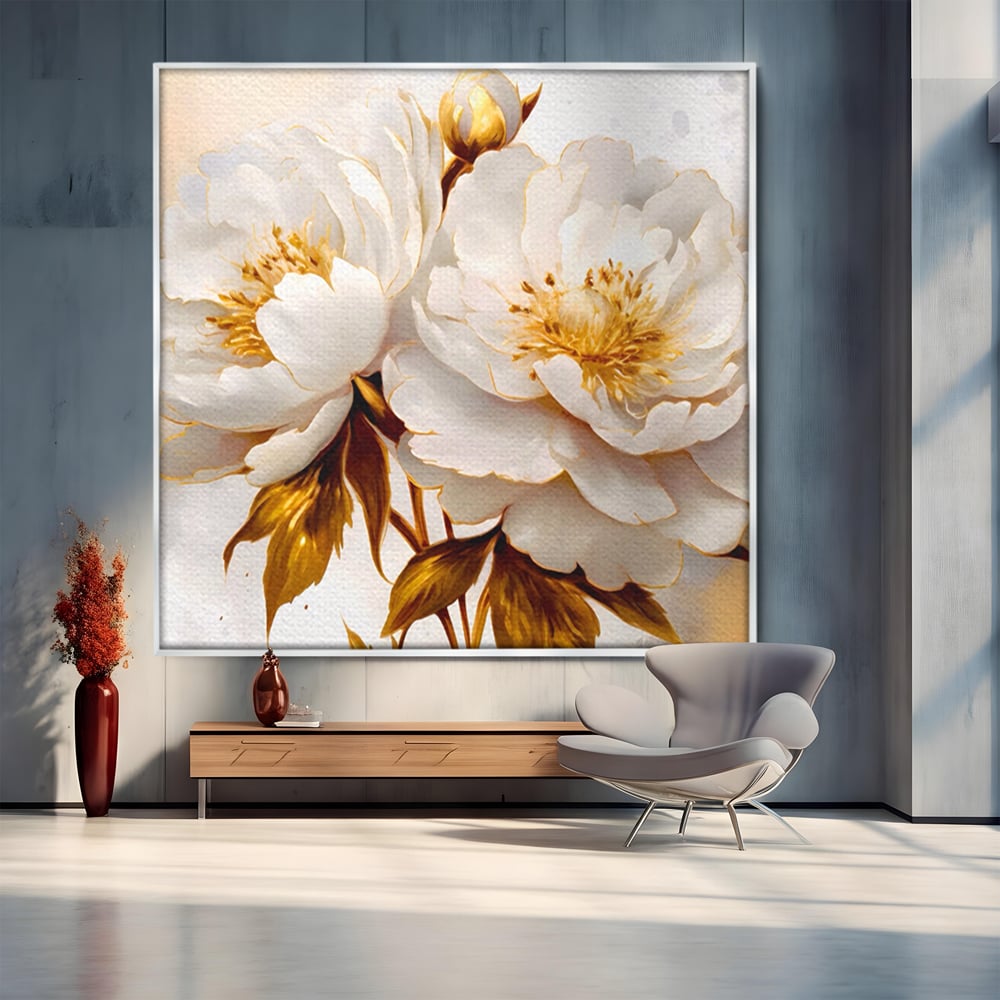 Leinwand Wandbilder Premium LuxCanva® A1413, Weiße Blumen, Zimmer, Frühling, Gold, Pfingstrose, Dekorativ, Wohnen, Lebendige Farben