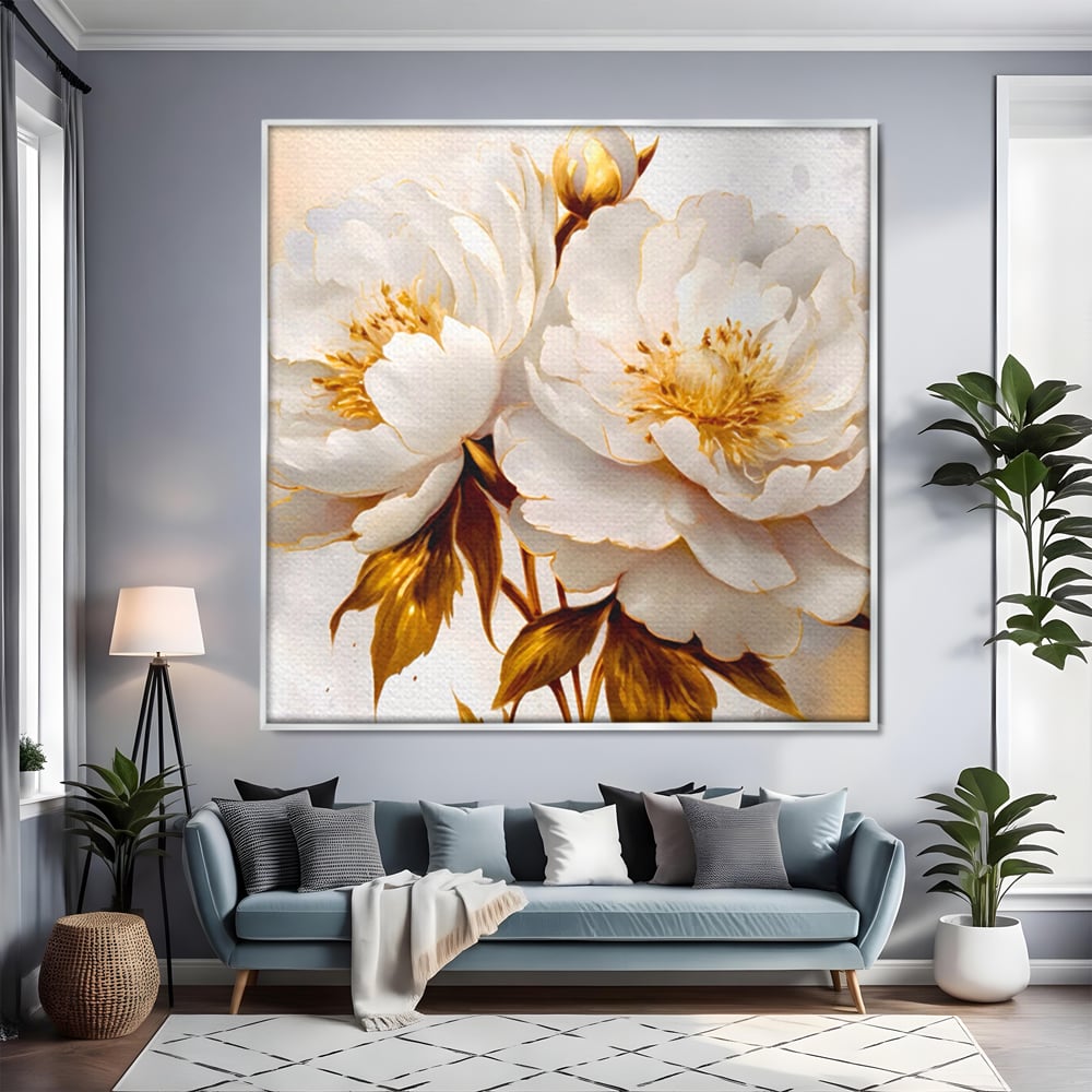 Leinwand Wandbilder Premium LuxCanva® A1413, Weiße Blumen, Zimmer, Frühling, Gold, Pfingstrose, Dekorativ, Wohnen, Lebendige Farben