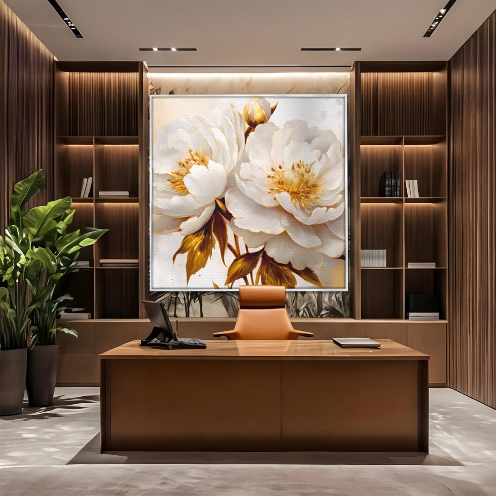 Leinwand Wandbilder Premium LuxCanva® A1413, Weiße Blumen, Zimmer, Frühling, Gold, Pfingstrose, Dekorativ, Wohnen, Lebendige Farben