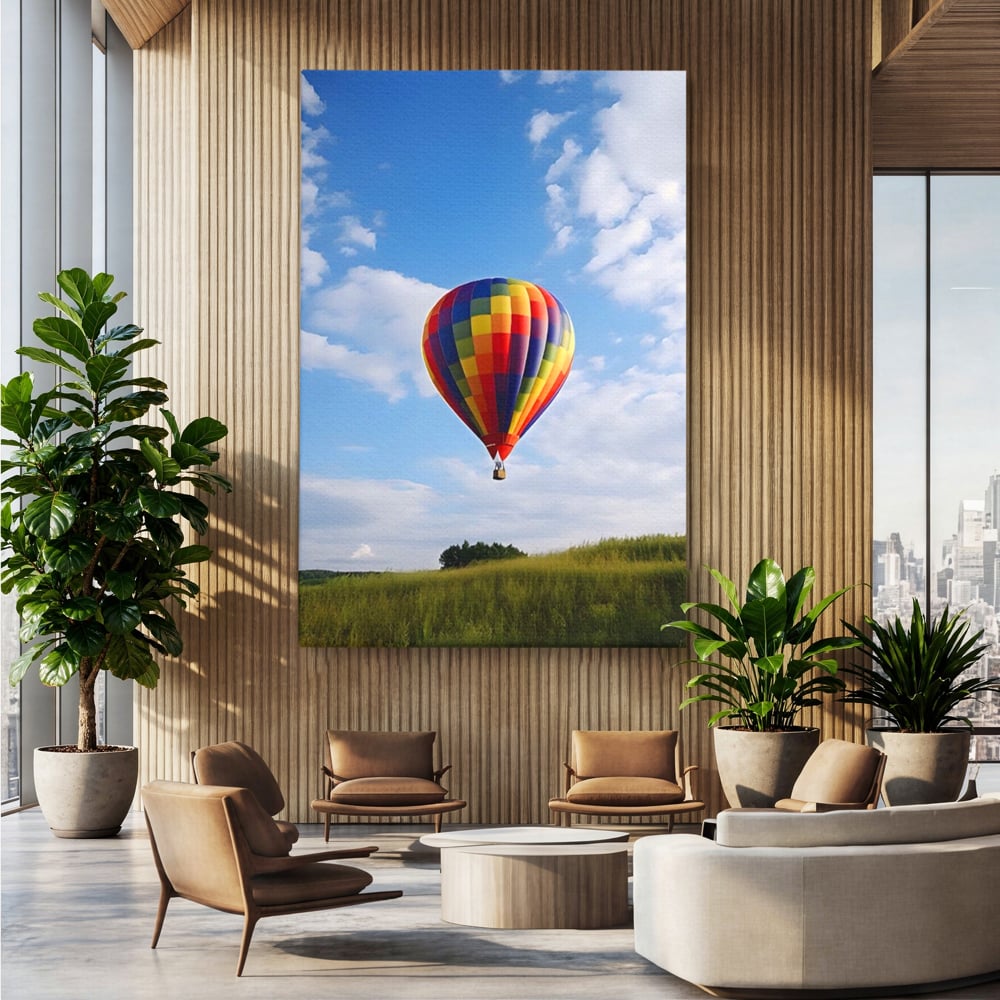Leinwandbilder Premium LuxCanva® A1414, Der Flieger , Zimmer, Heißluftballon, Reisen, farbenfroh, Abenteuer, Wohnen, leuchtende Farben