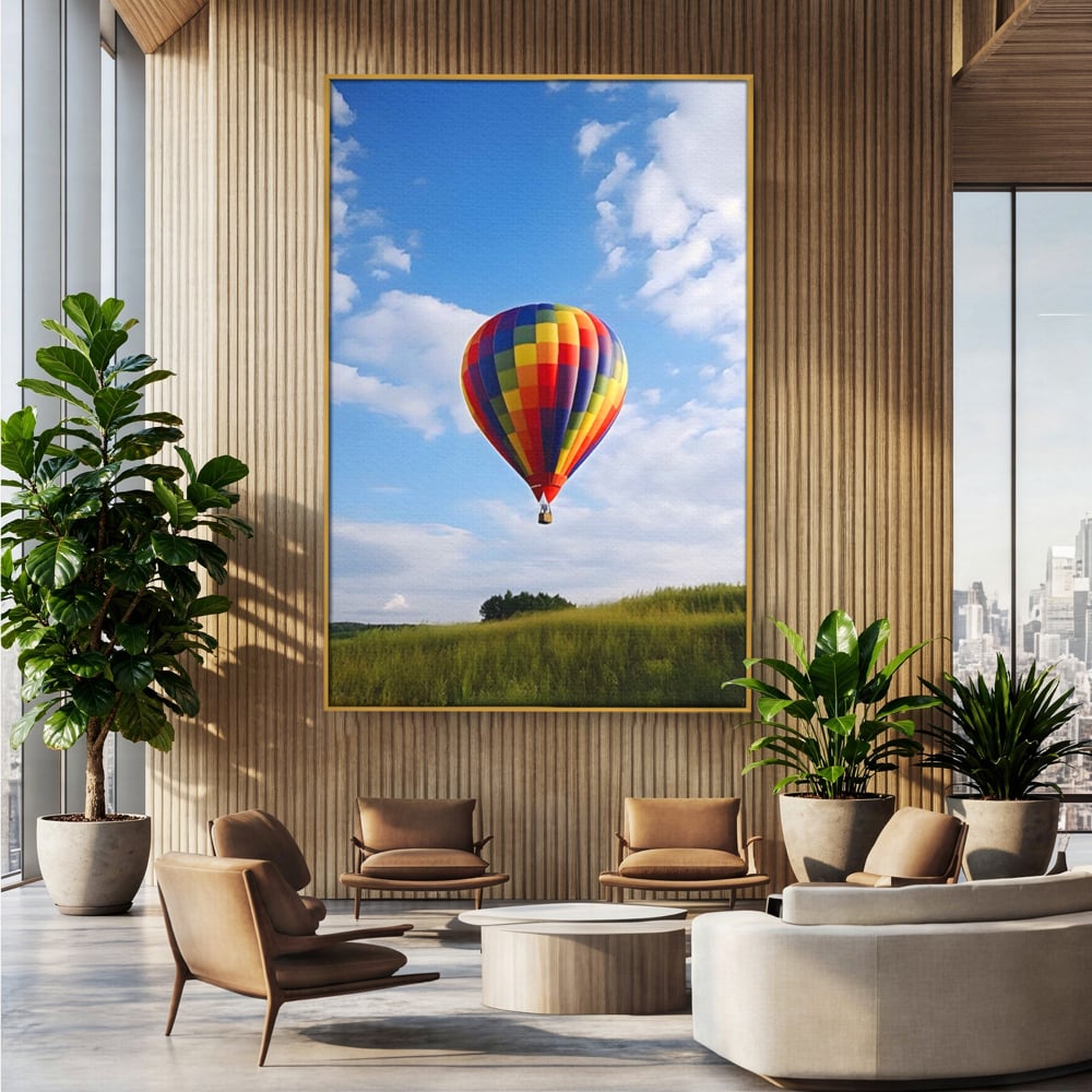 Leinwandbilder Premium LuxCanva® A1414, Der Flieger , Zimmer, Heißluftballon, Reisen, farbenfroh, Abenteuer, Wohnen, leuchtende Farben