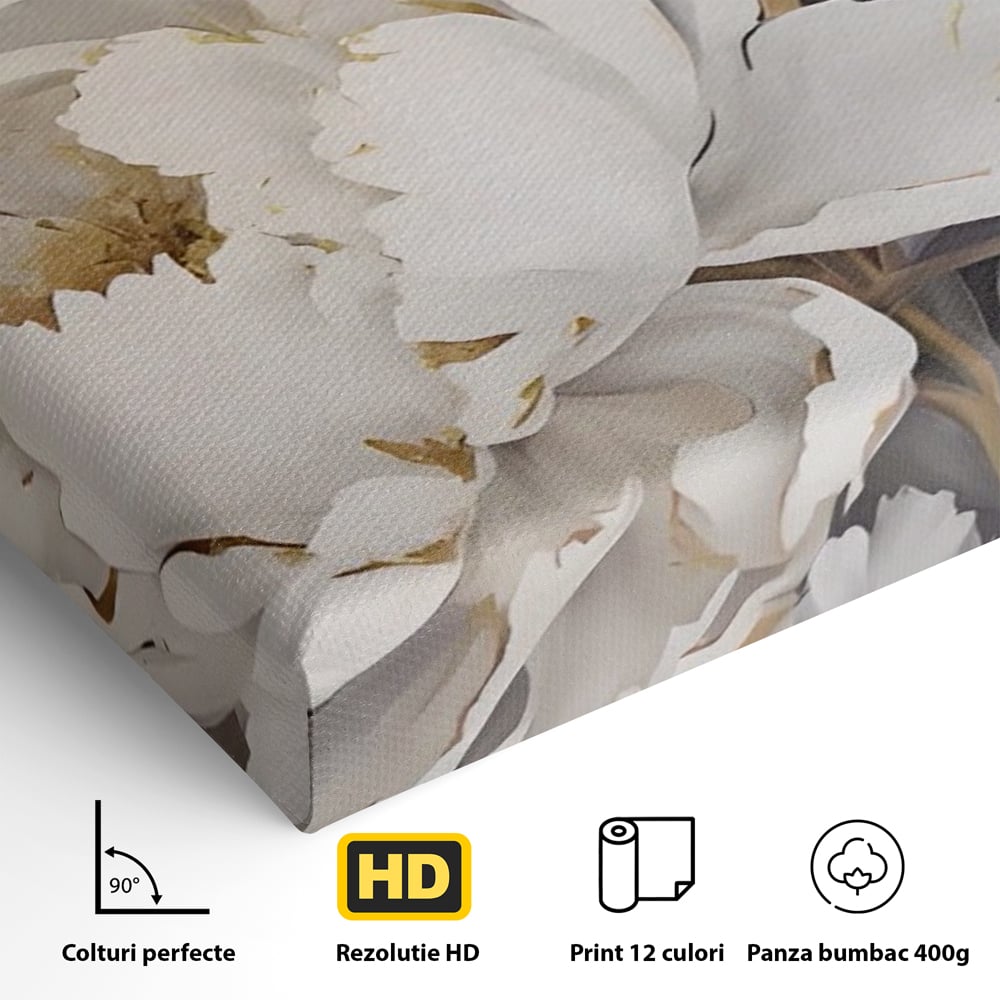 Tablou Canvas Premium LuxCanva® A1417, White Flowers , Living Room, Natura, Flori, Gold, Decorativ, Culori Vibrante