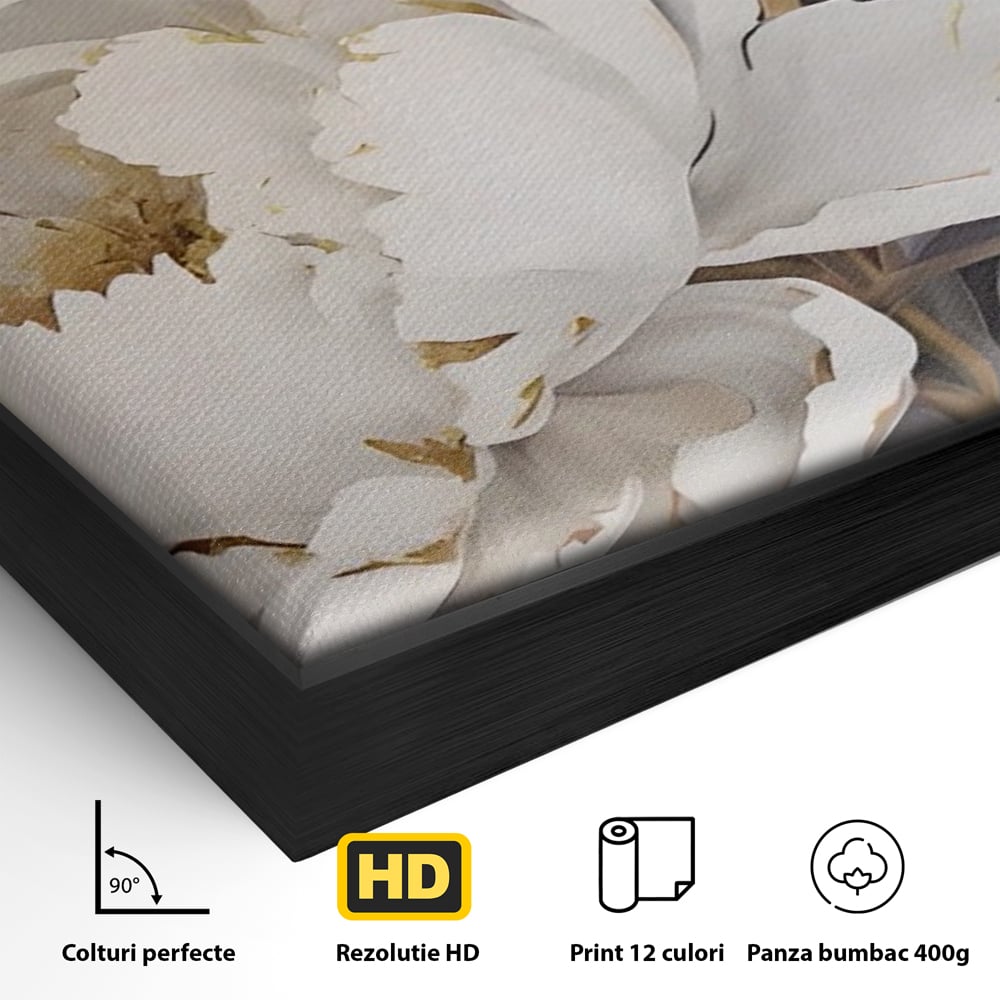 Tablou Canvas Premium LuxCanva® A1417, White Flowers , Living Room, Natura, Flori, Gold, Decorativ, Culori Vibrante
