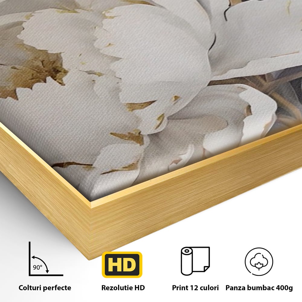 Tablou Canvas Premium LuxCanva® A1417, White Flowers , Living Room, Natura, Flori, Gold, Decorativ, Culori Vibrante