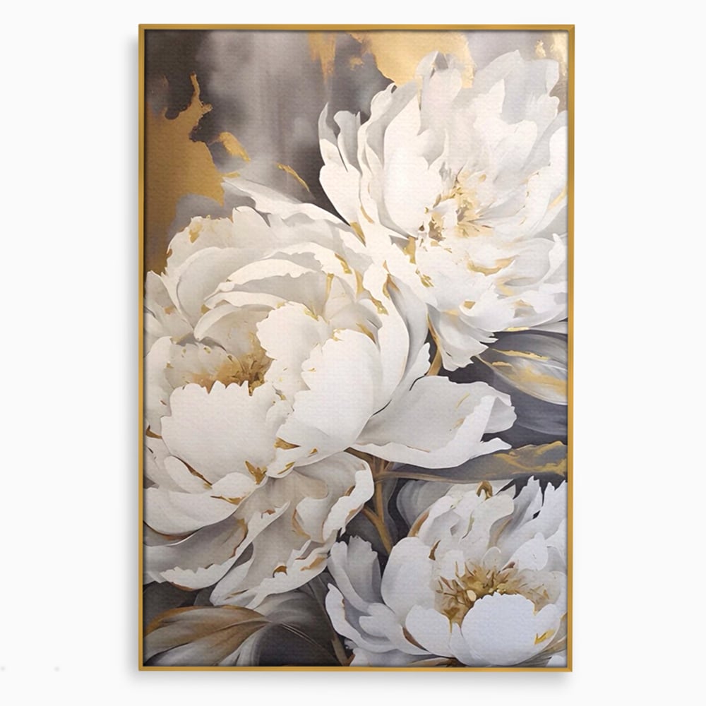 Tablou Canvas Premium LuxCanva® A1417, White Flowers , Living Room, Natura, Flori, Gold, Decorativ, Culori Vibrante