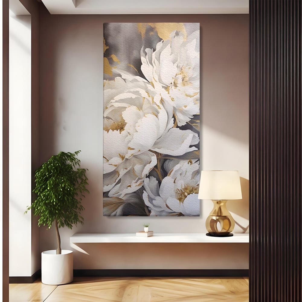Tablou Canvas Premium LuxCanva® A1417, White Flowers , Living Room, Natura, Flori, Gold, Decorativ, Culori Vibrante