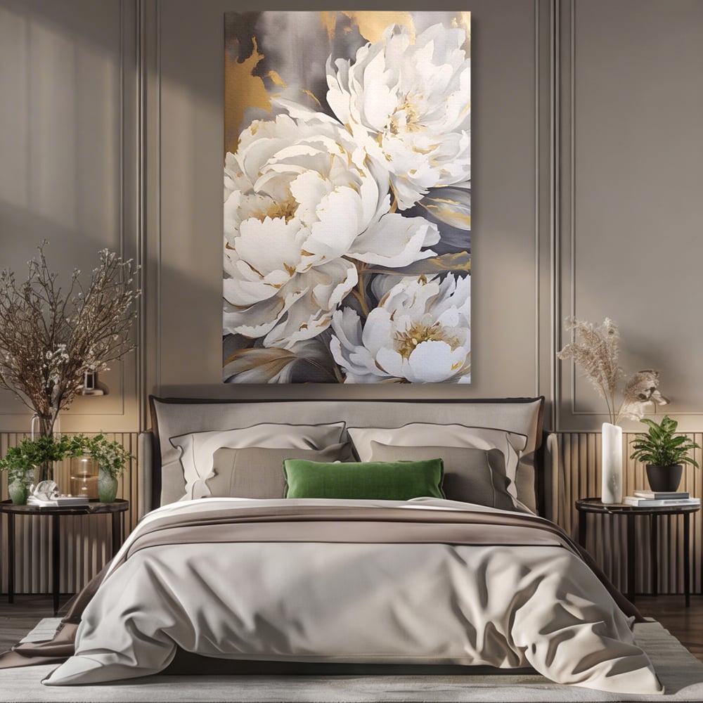 Tablou Canvas Premium LuxCanva® A1417, White Flowers , Living Room, Natura, Flori, Gold, Decorativ, Culori Vibrante