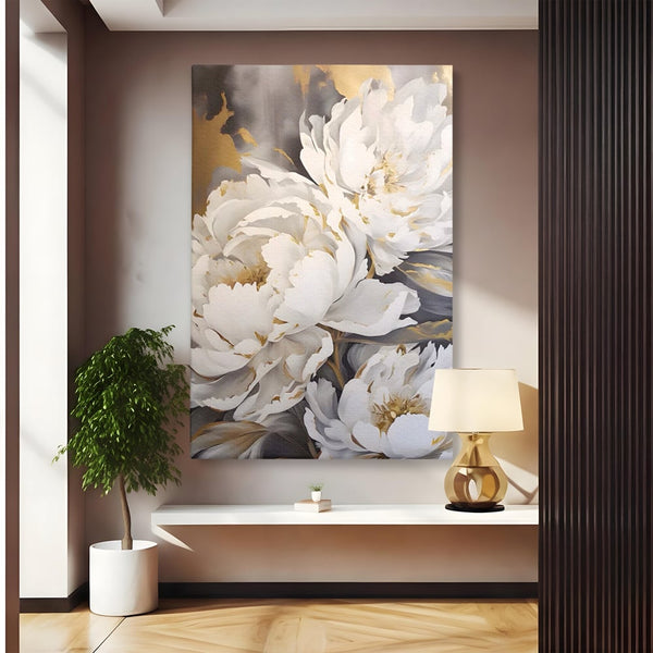 Tablou Canvas Premium LuxCanva® A1417, White Flowers , Living Room, Natura, Flori, Gold, Decorativ, Culori Vibrante