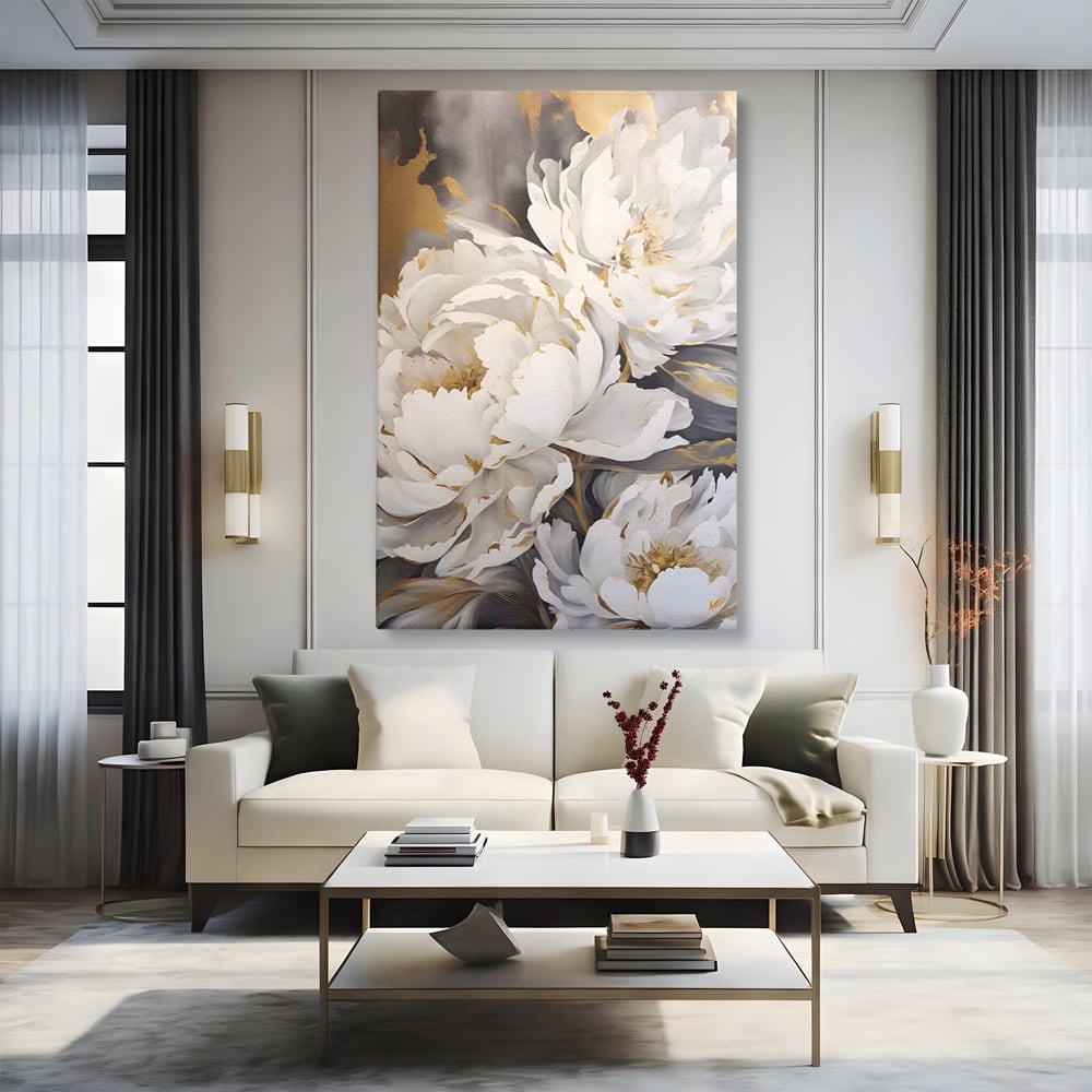 Tablou Canvas Premium LuxCanva® A1417, White Flowers , Living Room, Natura, Flori, Gold, Decorativ, Culori Vibrante