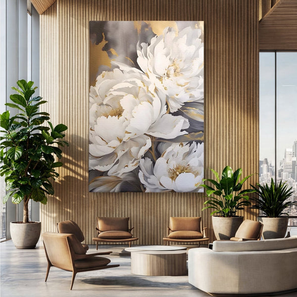 Tablou Canvas Premium LuxCanva® A1417, White Flowers , Living Room, Natura, Flori, Gold, Decorativ, Culori Vibrante