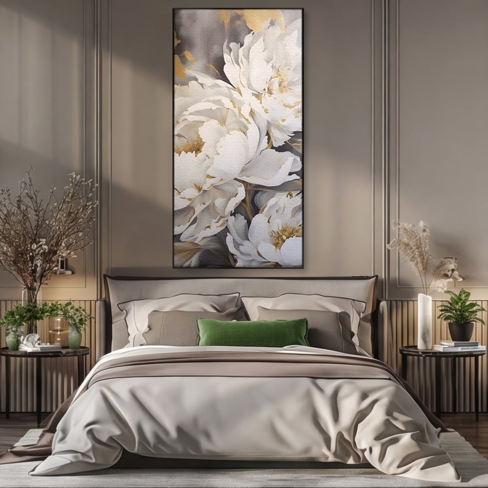 Tablou Canvas Premium LuxCanva® A1417, White Flowers , Living Room, Natura, Flori, Gold, Decorativ, Culori Vibrante