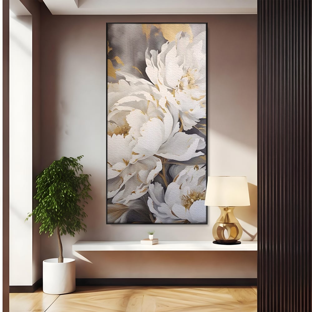 Tablou Canvas Premium LuxCanva® A1417, White Flowers , Living Room, Natura, Flori, Gold, Decorativ, Culori Vibrante