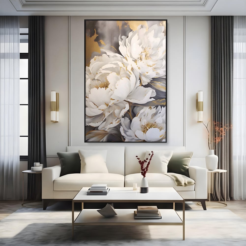 Tablou Canvas Premium LuxCanva® A1417, White Flowers , Living Room, Natura, Flori, Gold, Decorativ, Culori Vibrante