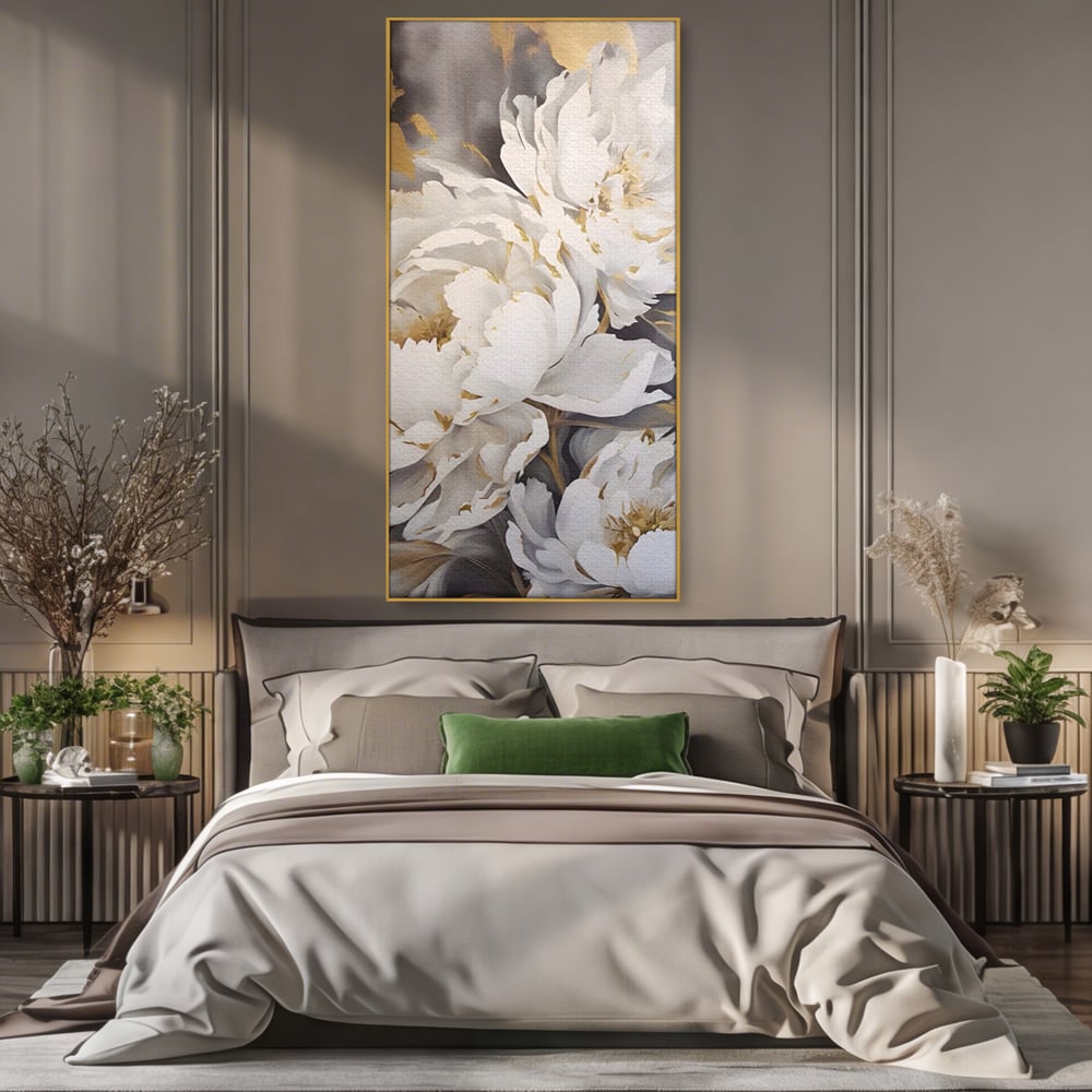 Tablou Canvas Premium LuxCanva® A1417, White Flowers , Living Room, Natura, Flori, Gold, Decorativ, Culori Vibrante