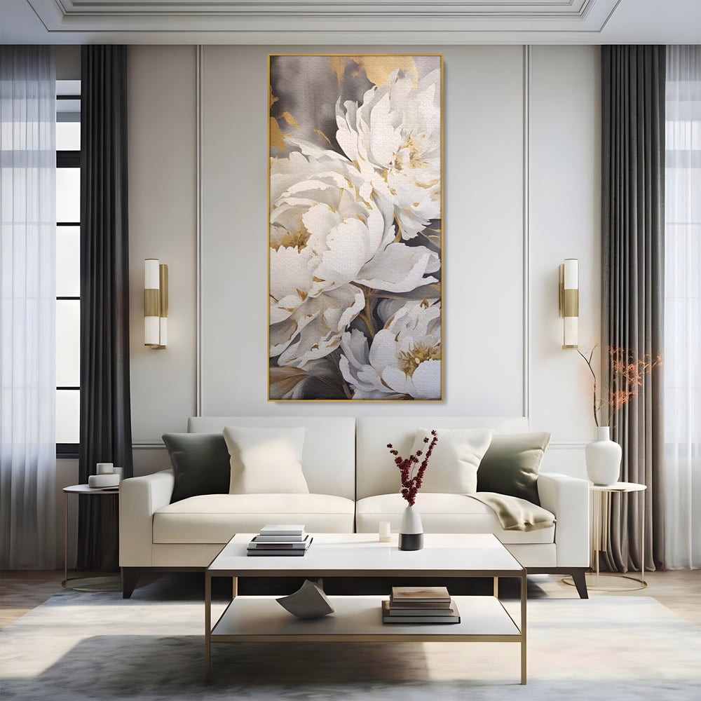 Tablou Canvas Premium LuxCanva® A1417, White Flowers , Living Room, Natura, Flori, Gold, Decorativ, Culori Vibrante