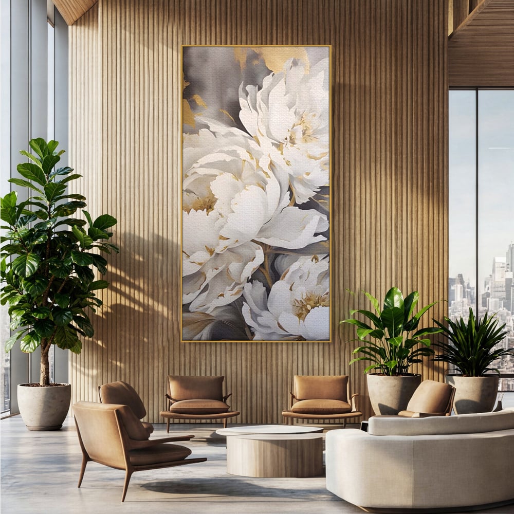 Tablou Canvas Premium LuxCanva® A1417, White Flowers , Living Room, Natura, Flori, Gold, Decorativ, Culori Vibrante