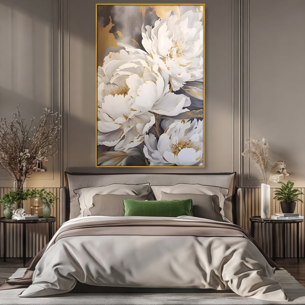 Tablou Canvas Premium LuxCanva® A1417, White Flowers , Living Room, Natura, Flori, Gold, Decorativ, Culori Vibrante