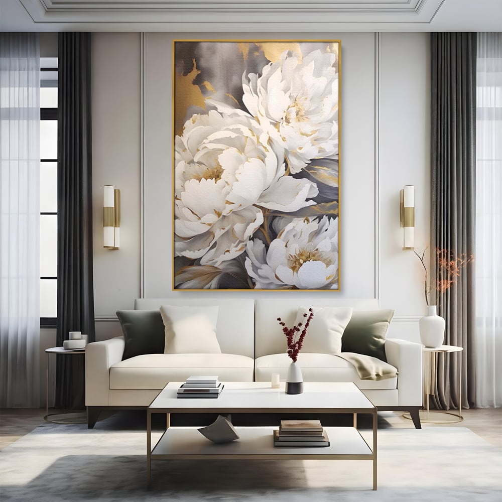 Tablou Canvas Premium LuxCanva® A1417, White Flowers , Living Room, Natura, Flori, Gold, Decorativ, Culori Vibrante
