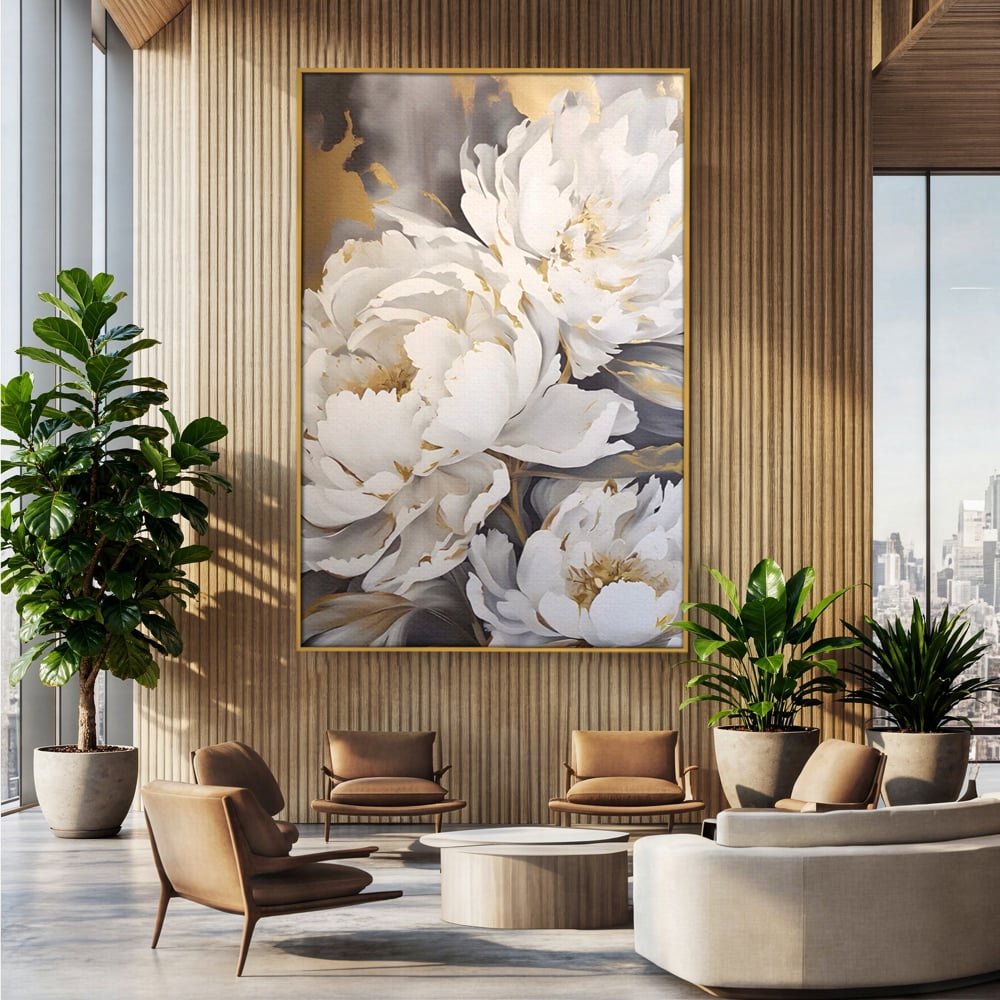 Tablou Canvas Premium LuxCanva® A1417, White Flowers , Living Room, Natura, Flori, Gold, Decorativ, Culori Vibrante