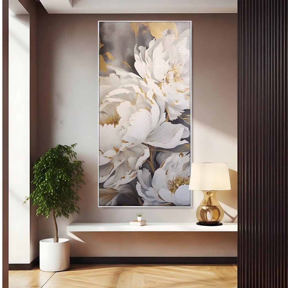 Tablou Canvas Premium LuxCanva® A1417, White Flowers , Living Room, Natura, Flori, Gold, Decorativ, Culori Vibrante