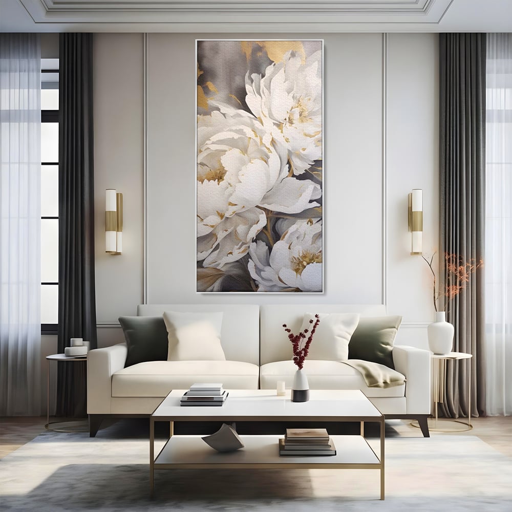 Tablou Canvas Premium LuxCanva® A1417, White Flowers , Living Room, Natura, Flori, Gold, Decorativ, Culori Vibrante