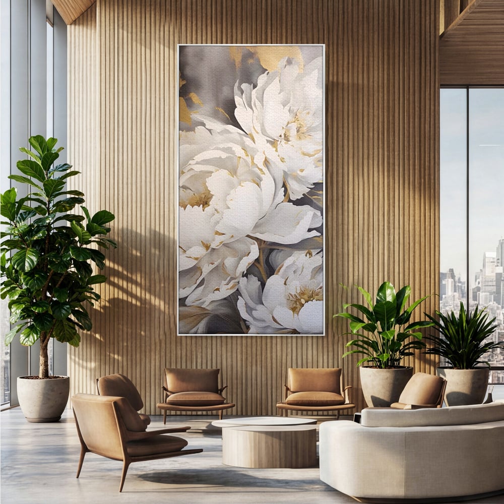 Tablou Canvas Premium LuxCanva® A1417, White Flowers , Living Room, Natura, Flori, Gold, Decorativ, Culori Vibrante