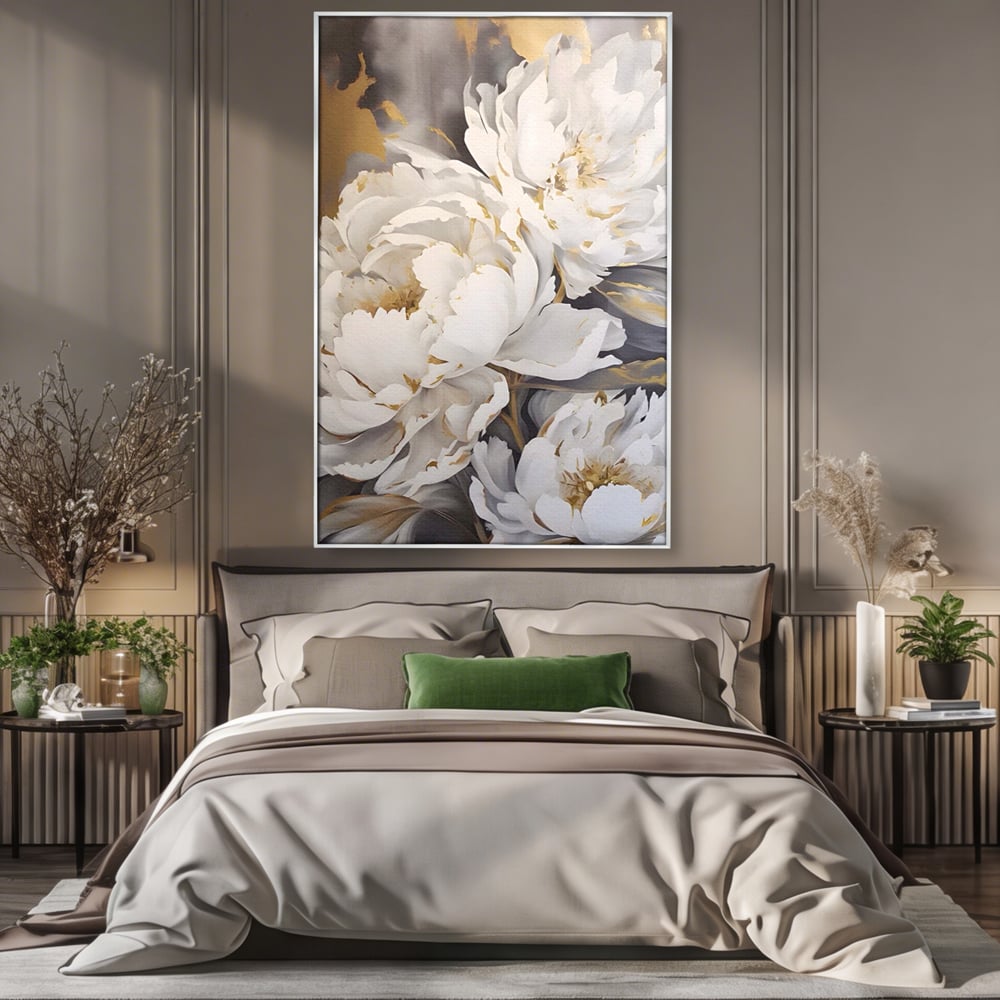 Tablou Canvas Premium LuxCanva® A1417, White Flowers , Living Room, Natura, Flori, Gold, Decorativ, Culori Vibrante