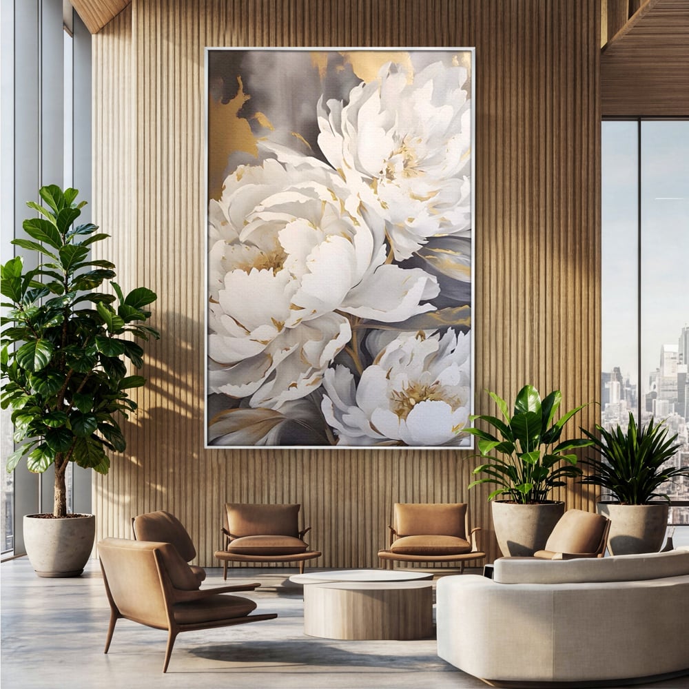 Tablou Canvas Premium LuxCanva® A1417, White Flowers , Living Room, Natura, Flori, Gold, Decorativ, Culori Vibrante