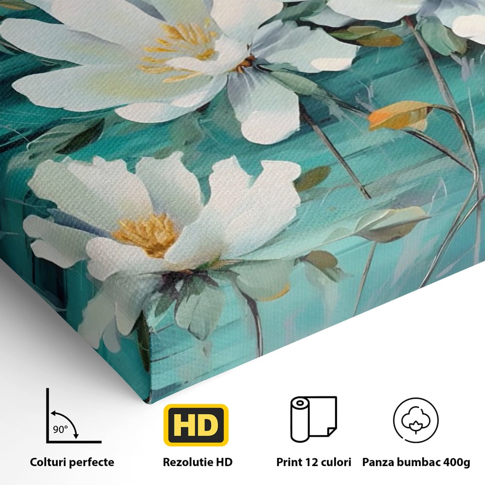 Tablou Canvas Premium LuxCanva® A1420, Dansul Florilor ,  Living, Flori Albe, Frunze, Natura, Dormitor, Decorativ, Culori Vibrante