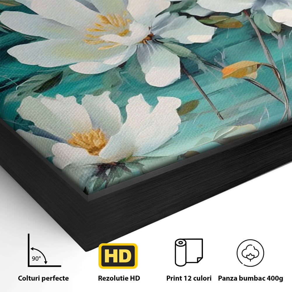 Tablou Canvas Premium LuxCanva® A1420, Dansul Florilor ,  Living, Flori Albe, Frunze, Natura, Dormitor, Decorativ, Culori Vibrante
