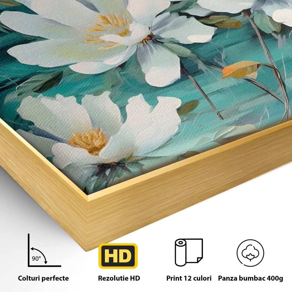 Tablou Canvas Premium LuxCanva® A1420, Dansul Florilor ,  Living, Flori Albe, Frunze, Natura, Dormitor, Decorativ, Culori Vibrante