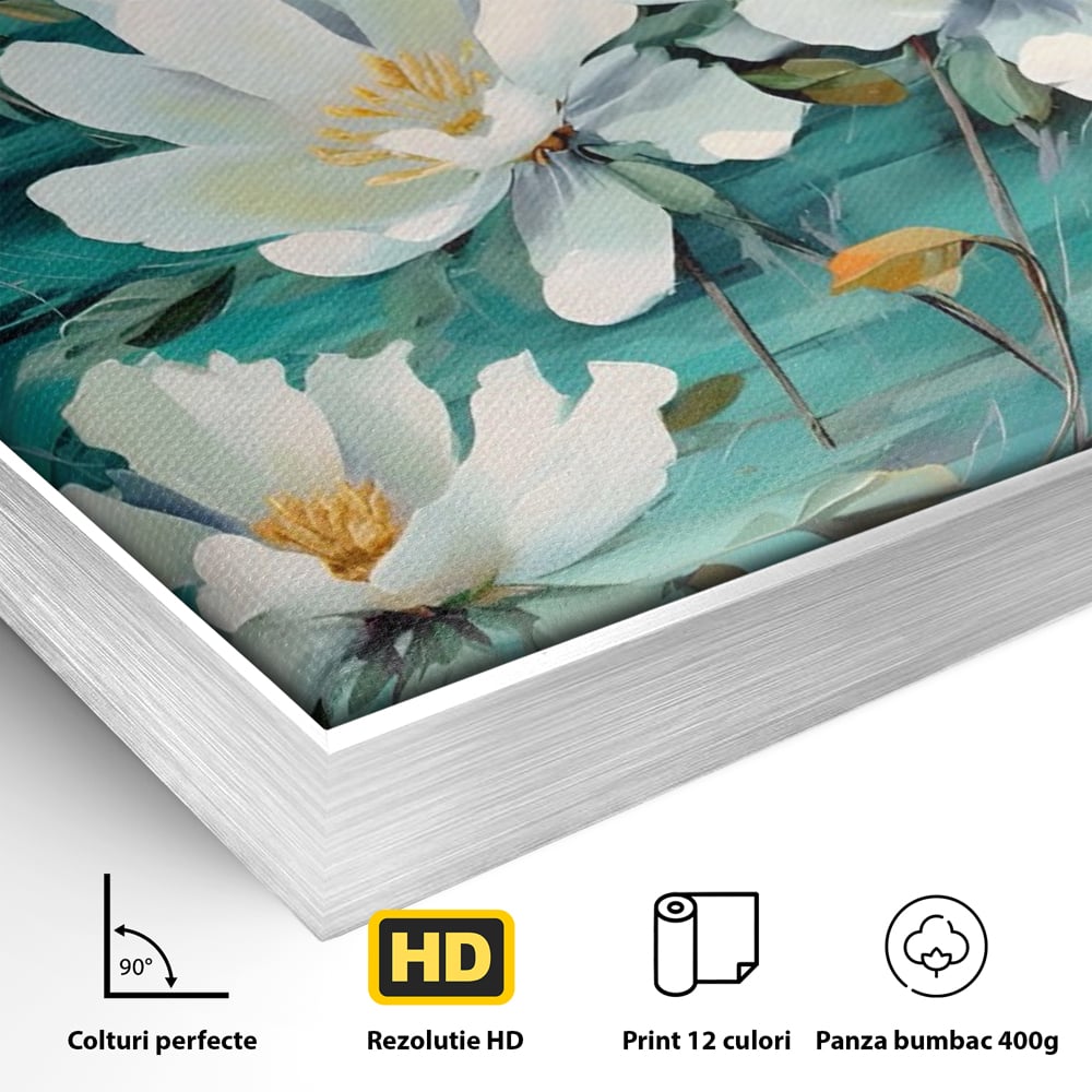 Tablou Canvas Premium LuxCanva® A1420, Dansul Florilor ,  Living, Flori Albe, Frunze, Natura, Dormitor, Decorativ, Culori Vibrante