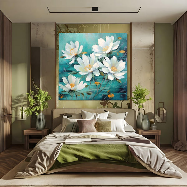 Tablou Canvas Premium LuxCanva® A1420, Dansul Florilor ,  Living, Flori Albe, Frunze, Natura, Dormitor, Decorativ, Culori Vibrante