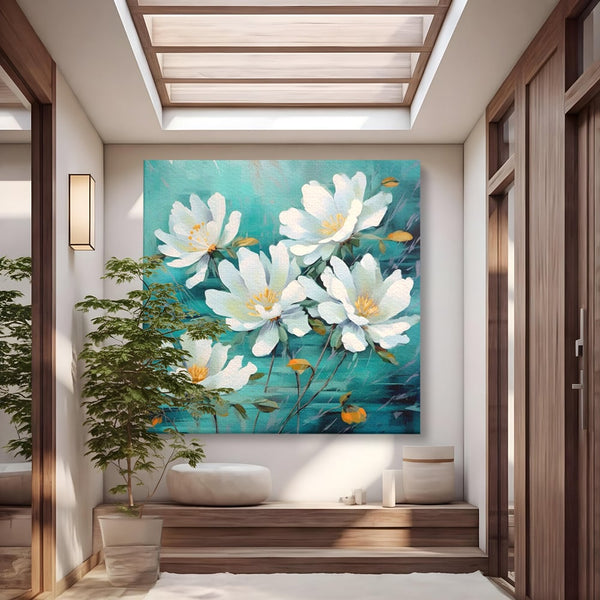 Tablou Canvas Premium LuxCanva® A1420, Dansul Florilor ,  Living, Flori Albe, Frunze, Natura, Dormitor, Decorativ, Culori Vibrante