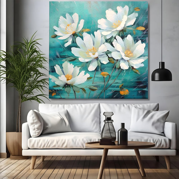 Tablou Canvas Premium LuxCanva® A1420, Dansul Florilor ,  Living, Flori Albe, Frunze, Natura, Dormitor, Decorativ, Culori Vibrante