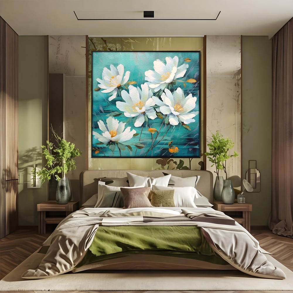 Tablou Canvas Premium LuxCanva® A1420, Dansul Florilor ,  Living, Flori Albe, Frunze, Natura, Dormitor, Decorativ, Culori Vibrante