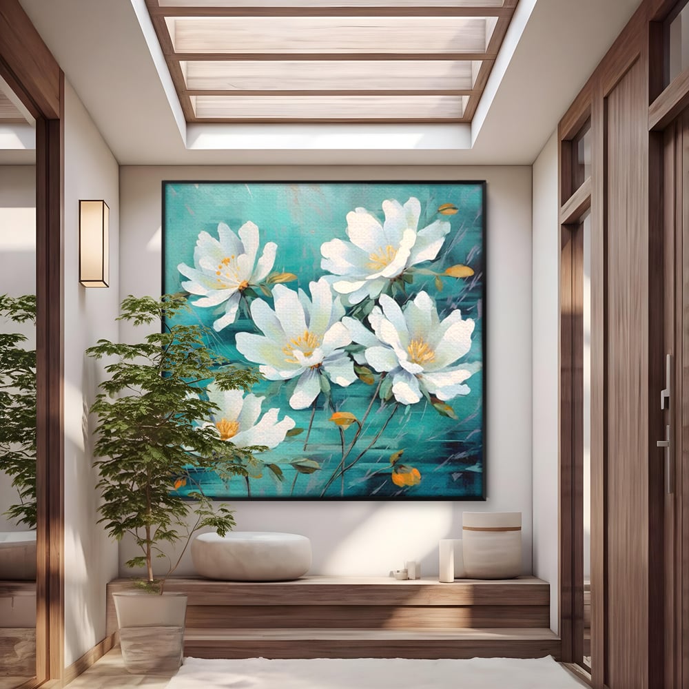 Tablou Canvas Premium LuxCanva® A1420, Dansul Florilor ,  Living, Flori Albe, Frunze, Natura, Dormitor, Decorativ, Culori Vibrante
