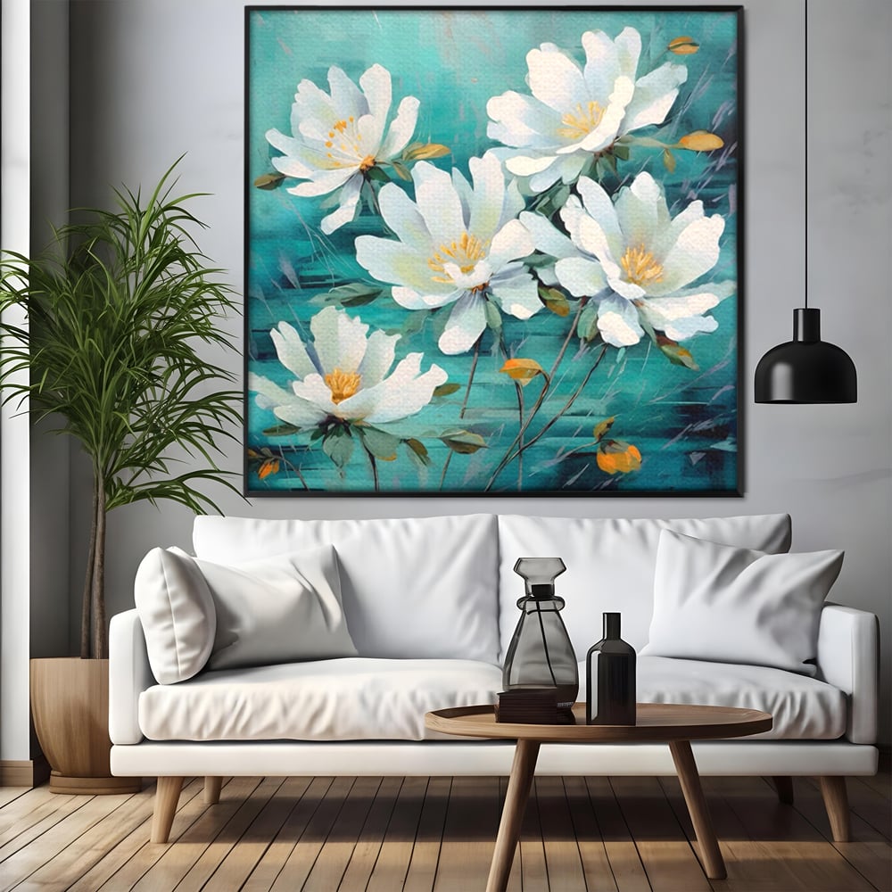 Tablou Canvas Premium LuxCanva® A1420, Dansul Florilor ,  Living, Flori Albe, Frunze, Natura, Dormitor, Decorativ, Culori Vibrante