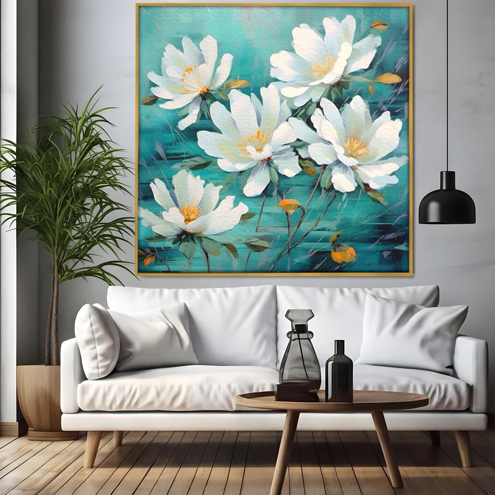 Tablou Canvas Premium LuxCanva® A1420, Dansul Florilor ,  Living, Flori Albe, Frunze, Natura, Dormitor, Decorativ, Culori Vibrante