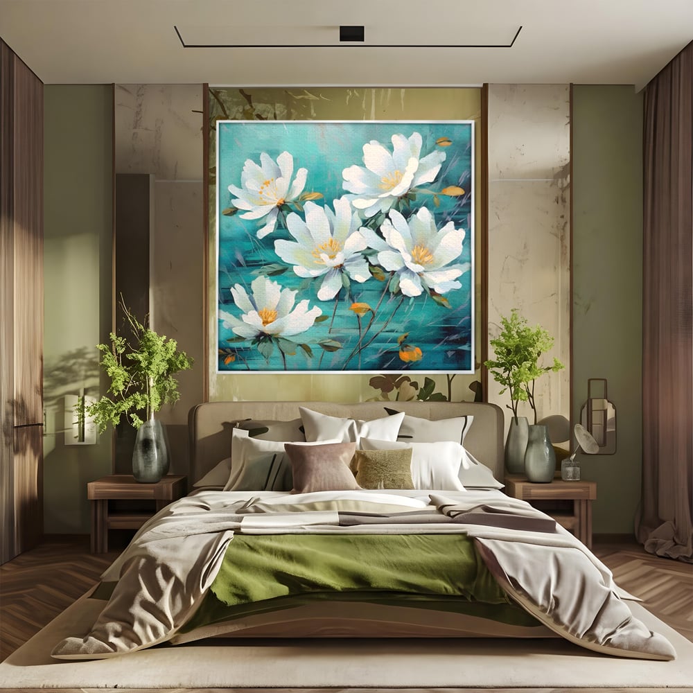 Tablou Canvas Premium LuxCanva® A1420, Dansul Florilor ,  Living, Flori Albe, Frunze, Natura, Dormitor, Decorativ, Culori Vibrante