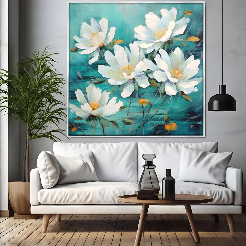 Tablou Canvas Premium LuxCanva® A1420, Dansul Florilor ,  Living, Flori Albe, Frunze, Natura, Dormitor, Decorativ, Culori Vibrante