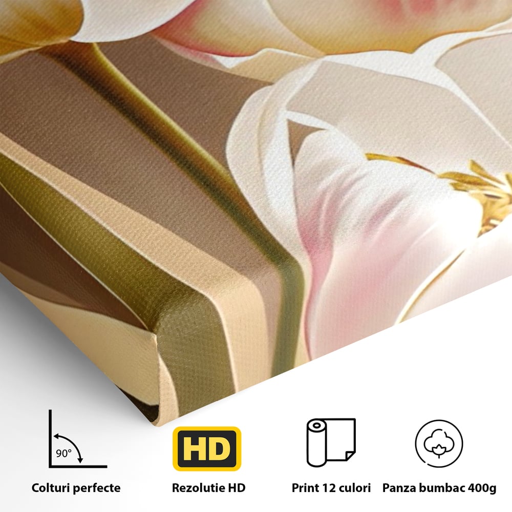 Tablou Canvas Premium LuxCanva® A1421, 3Tulip, Living, Lalele, Roz, Planta, Primavara, Dormitor, Decorativ, Culori Vibrante